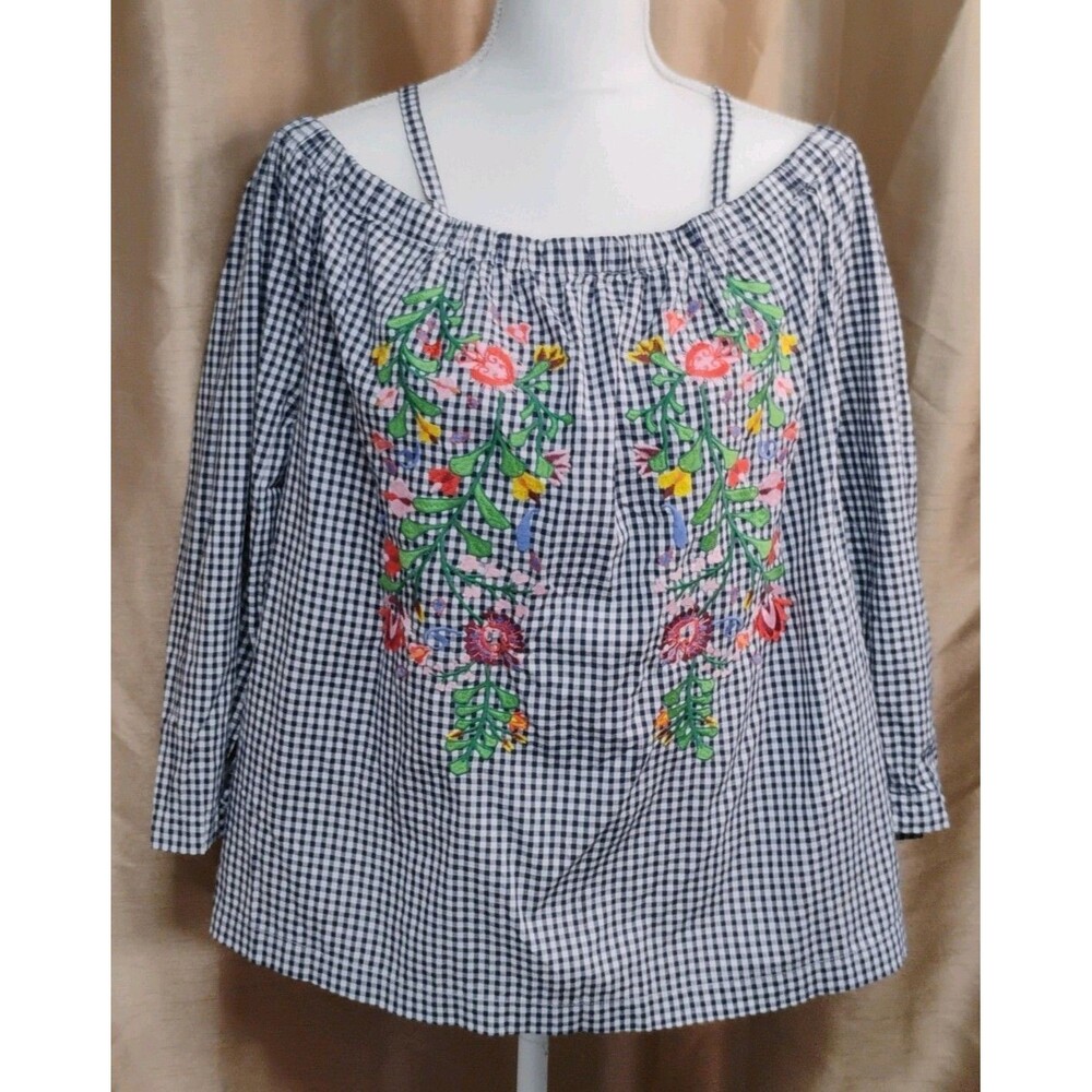 Velvet Heart Navy/wh Gingham Cottagecore embroidered peasant blouse XL